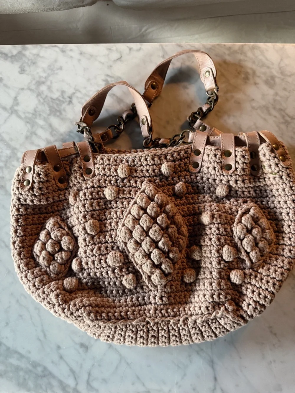 GERARD DAREL Hand-Crocheted Bubble Knit Tote Bag - Beige